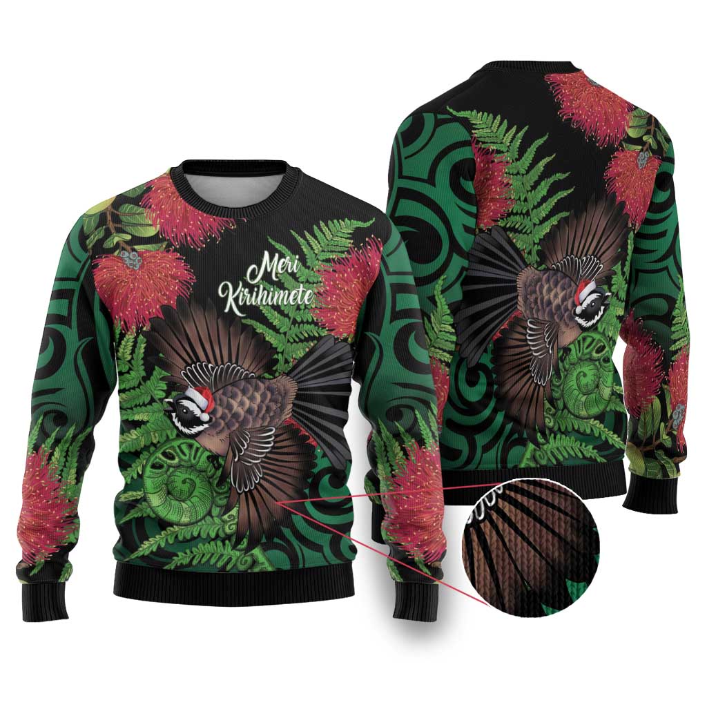 Meri Kirihimete New Zealand Ugly Christmas Sweater Piwakawaka Koru Fern Mix Pohutukawa