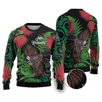 Meri Kirihimete New Zealand Ugly Christmas Sweater Piwakawaka Koru Fern Mix Pohutukawa