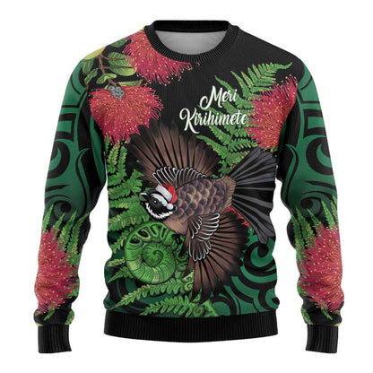 Meri Kirihimete New Zealand Ugly Christmas Sweater Piwakawaka Koru Fern Mix Pohutukawa
