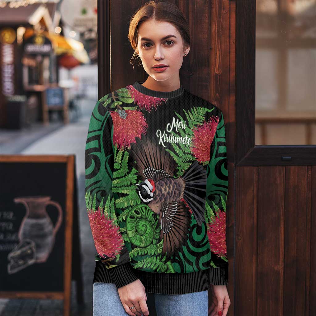Meri Kirihimete New Zealand Ugly Christmas Sweater Piwakawaka Koru Fern Mix Pohutukawa