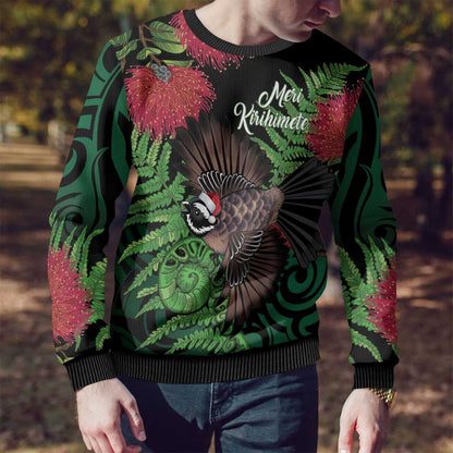 Meri Kirihimete New Zealand Ugly Christmas Sweater Piwakawaka Koru Fern Mix Pohutukawa
