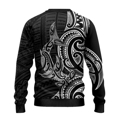 Hammerhead Shark Ugly Christmas Sweater Maori Haehae Mangopare Black