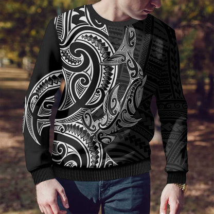 Hammerhead Shark Ugly Christmas Sweater Maori Haehae Mangopare Black