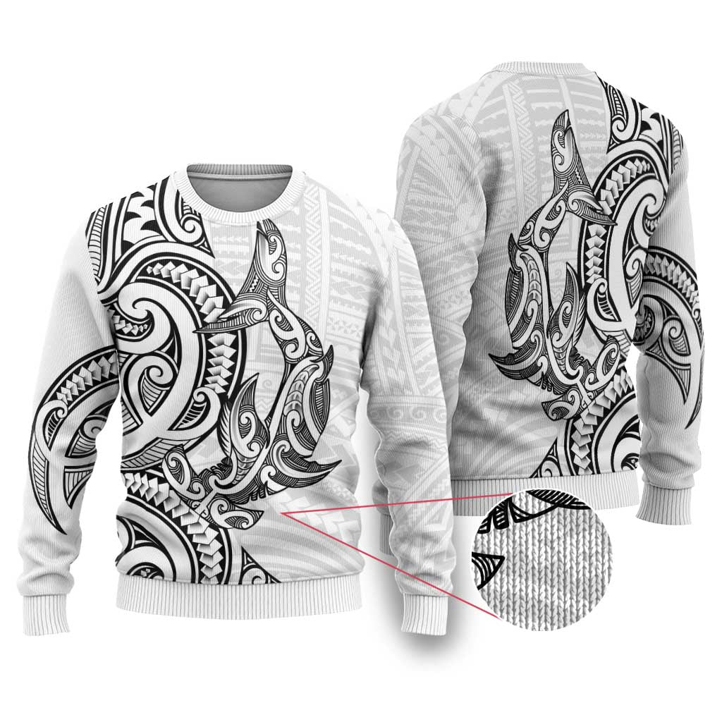 Hammerhead Shark Ugly Christmas Sweater Maori Haehae Mangopare White