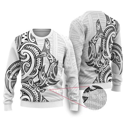 Hammerhead Shark Ugly Christmas Sweater Maori Haehae Mangopare White