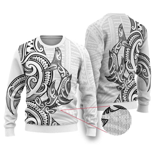 Hammerhead Shark Ugly Christmas Sweater Maori Haehae Mangopare White
