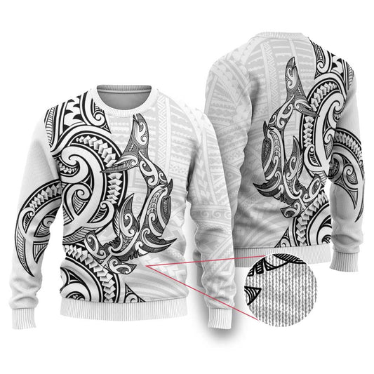 Hammerhead Shark Ugly Christmas Sweater Maori Haehae Mangopare White