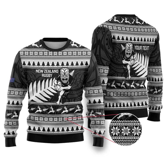 Christmas Rugby Personalised Ugly Christmas Sweater Meri Kirihimete All Black Maori