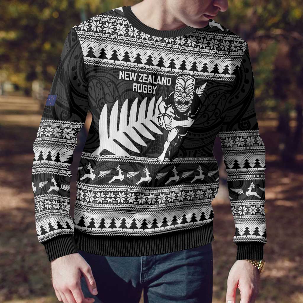 Christmas Rugby Personalised Ugly Christmas Sweater Meri Kirihimete All Black Maori