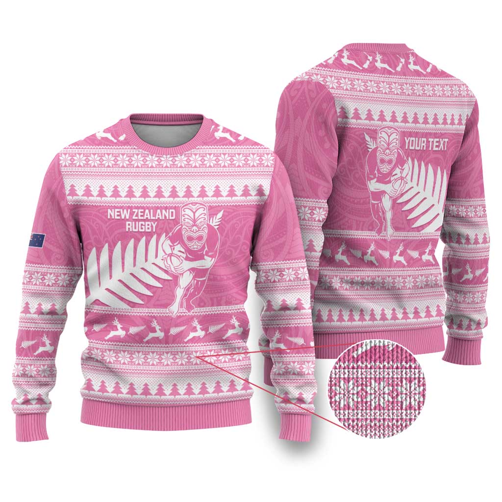 Christmas Rugby Personalised Ugly Christmas Sweater Meri Kirihimete All Black Maori Pink Version