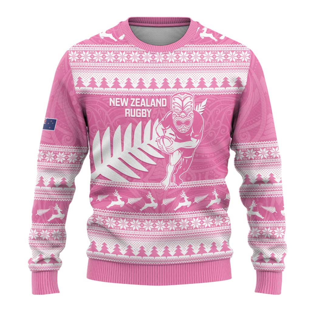 Christmas Rugby Personalised Ugly Christmas Sweater Meri Kirihimete All Black Maori Pink Version
