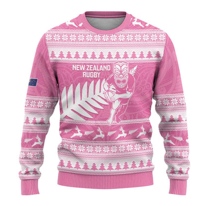 Christmas Rugby Personalised Ugly Christmas Sweater Meri Kirihimete All Black Maori Pink Version