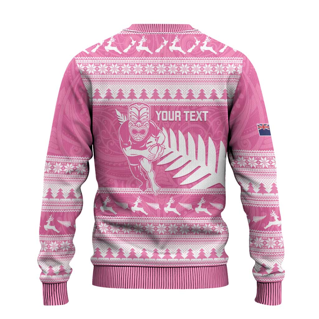 Christmas Rugby Personalised Ugly Christmas Sweater Meri Kirihimete All Black Maori Pink Version