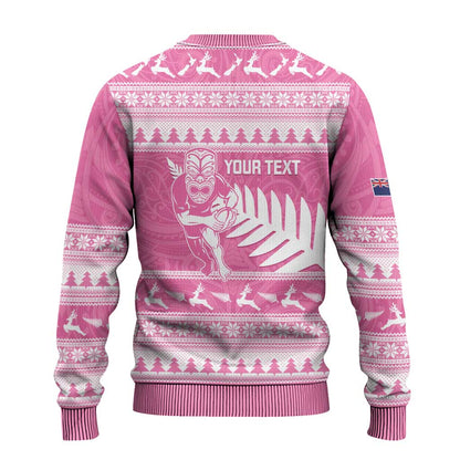 Christmas Rugby Personalised Ugly Christmas Sweater Meri Kirihimete All Black Maori Pink Version