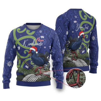 Pukeko Christmas Ugly Christmas Sweater Meri Kirihimete Taniko Ponga Koru Blue