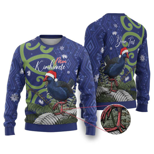 Pukeko Christmas Ugly Christmas Sweater Meri Kirihimete Taniko Ponga Koru Blue