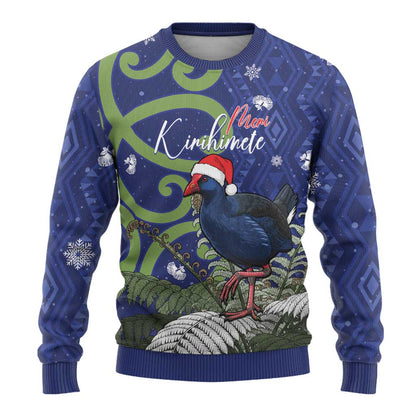 Pukeko Christmas Ugly Christmas Sweater Meri Kirihimete Taniko Ponga Koru Blue