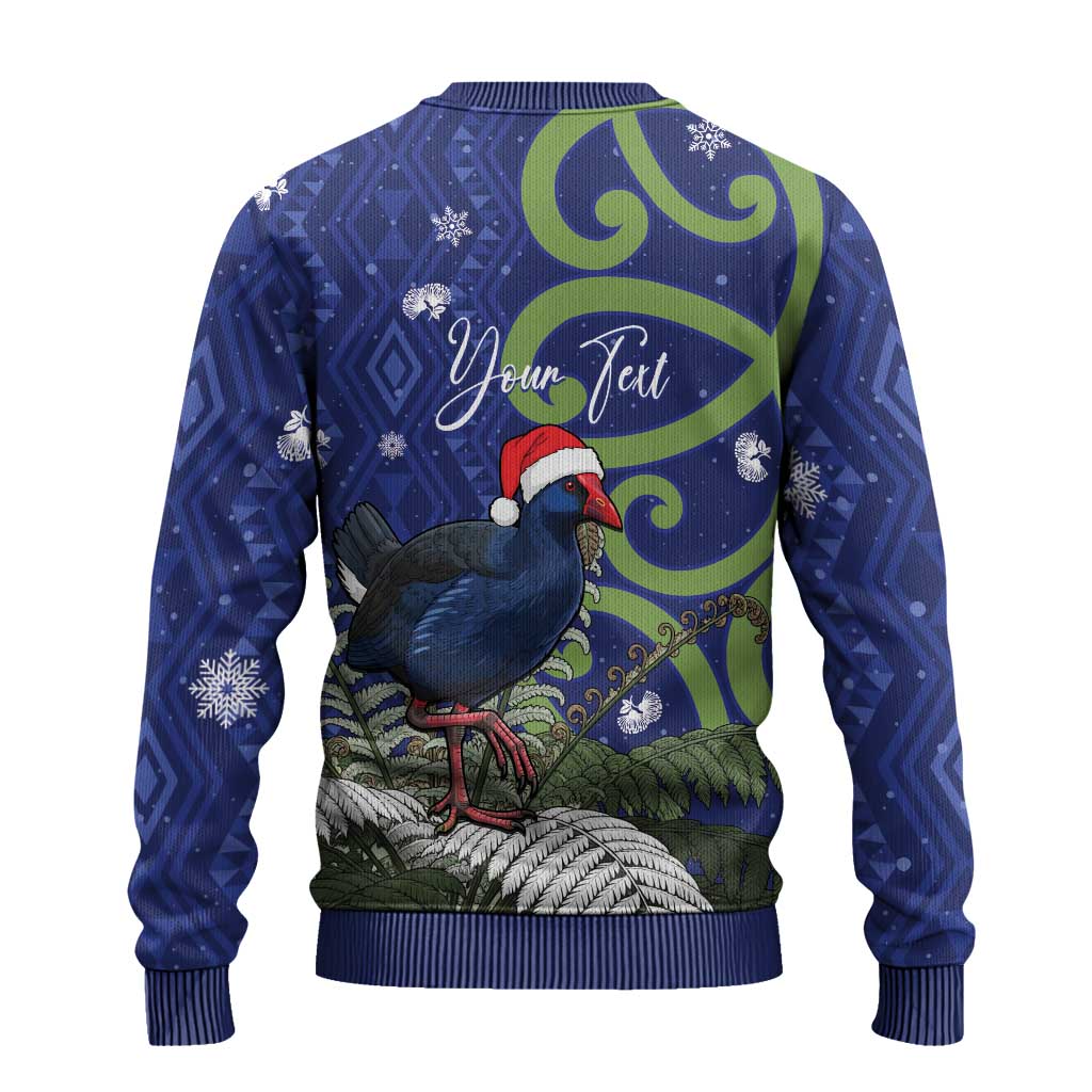 Pukeko Christmas Ugly Christmas Sweater Meri Kirihimete Taniko Ponga Koru Blue