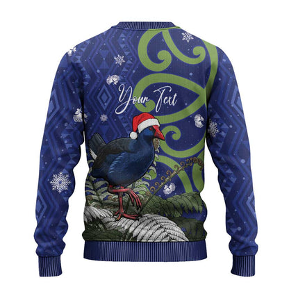 Pukeko Christmas Ugly Christmas Sweater Meri Kirihimete Taniko Ponga Koru Blue