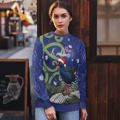 Pukeko Christmas Ugly Christmas Sweater Meri Kirihimete Taniko Ponga Koru Blue