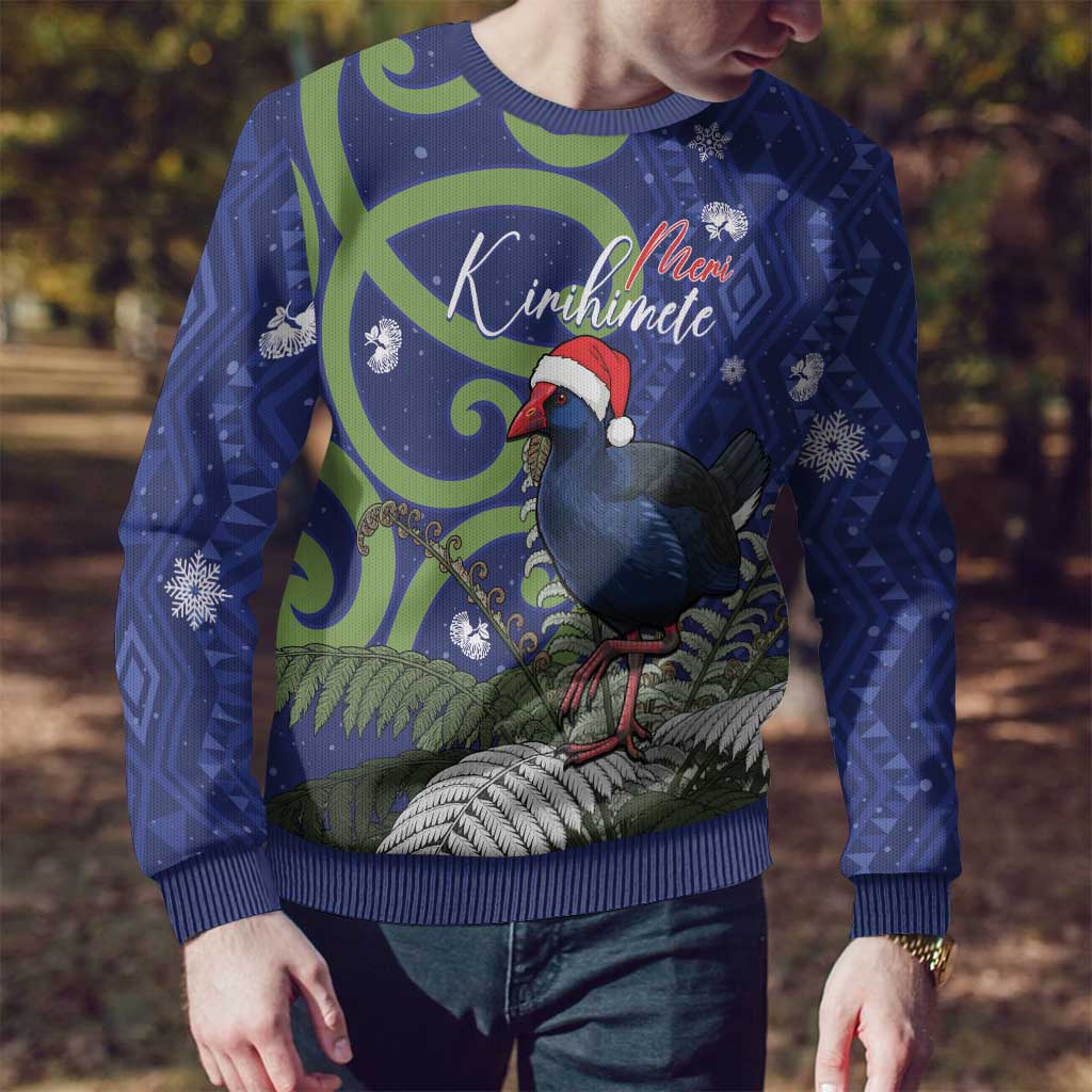 Pukeko Christmas Ugly Christmas Sweater Meri Kirihimete Taniko Ponga Koru Blue