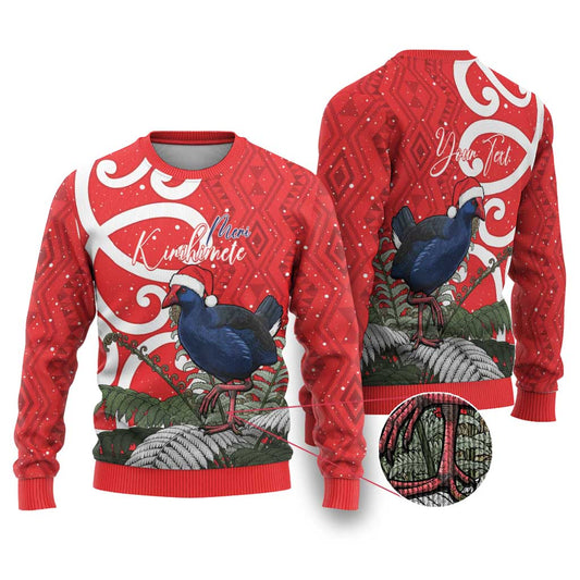 Pukeko Christmas Ugly Christmas Sweater Meri Kirihimete Taniko Ponga Koru Red