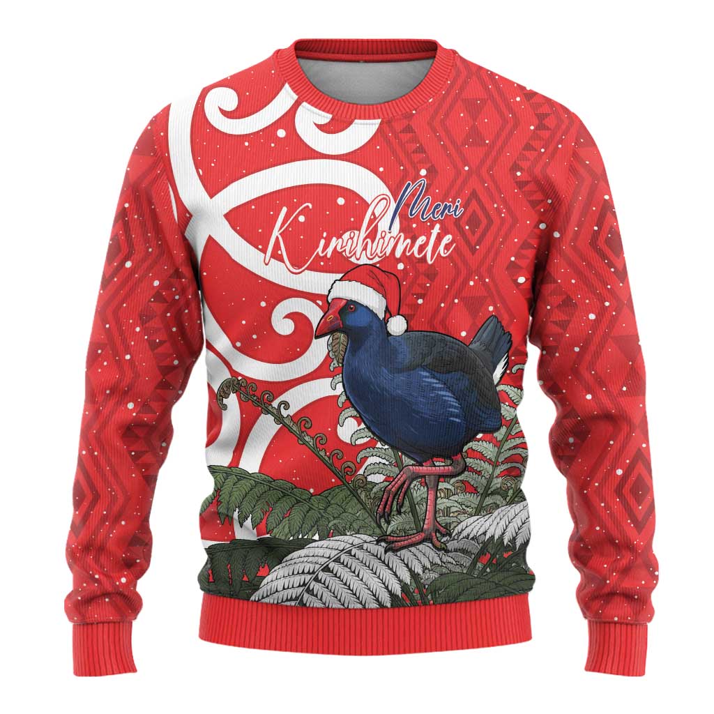 Pukeko Christmas Ugly Christmas Sweater Meri Kirihimete Taniko Ponga Koru Red
