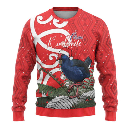 Pukeko Christmas Ugly Christmas Sweater Meri Kirihimete Taniko Ponga Koru Red