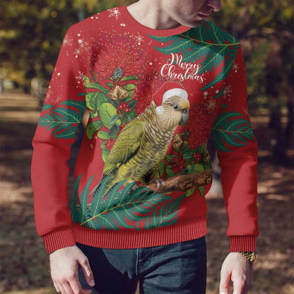 Kakapo Christmas Ugly Christmas Sweater Meri Kirihimete Silver Fern Mix Pohutukawa