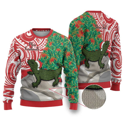 Tuatara Christmas Ugly Christmas Sweater Meri Kirihimete Aotearoa Maori Mix Pohutukawa