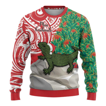 Tuatara Christmas Ugly Christmas Sweater Meri Kirihimete Aotearoa Maori Mix Pohutukawa