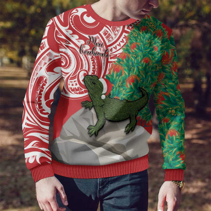 Tuatara Christmas Ugly Christmas Sweater Meri Kirihimete Aotearoa Maori Mix Pohutukawa