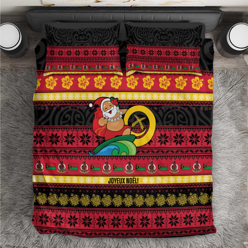 Vanuatu Christmas Bedding Set Joyeux Noel Surfing Santa With Boar Tusk - Polynesian Pride
