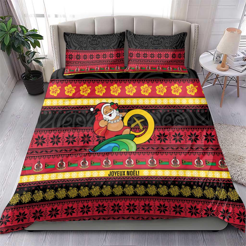 Vanuatu Christmas Bedding Set Joyeux Noel Surfing Santa With Boar Tusk - Polynesian Pride