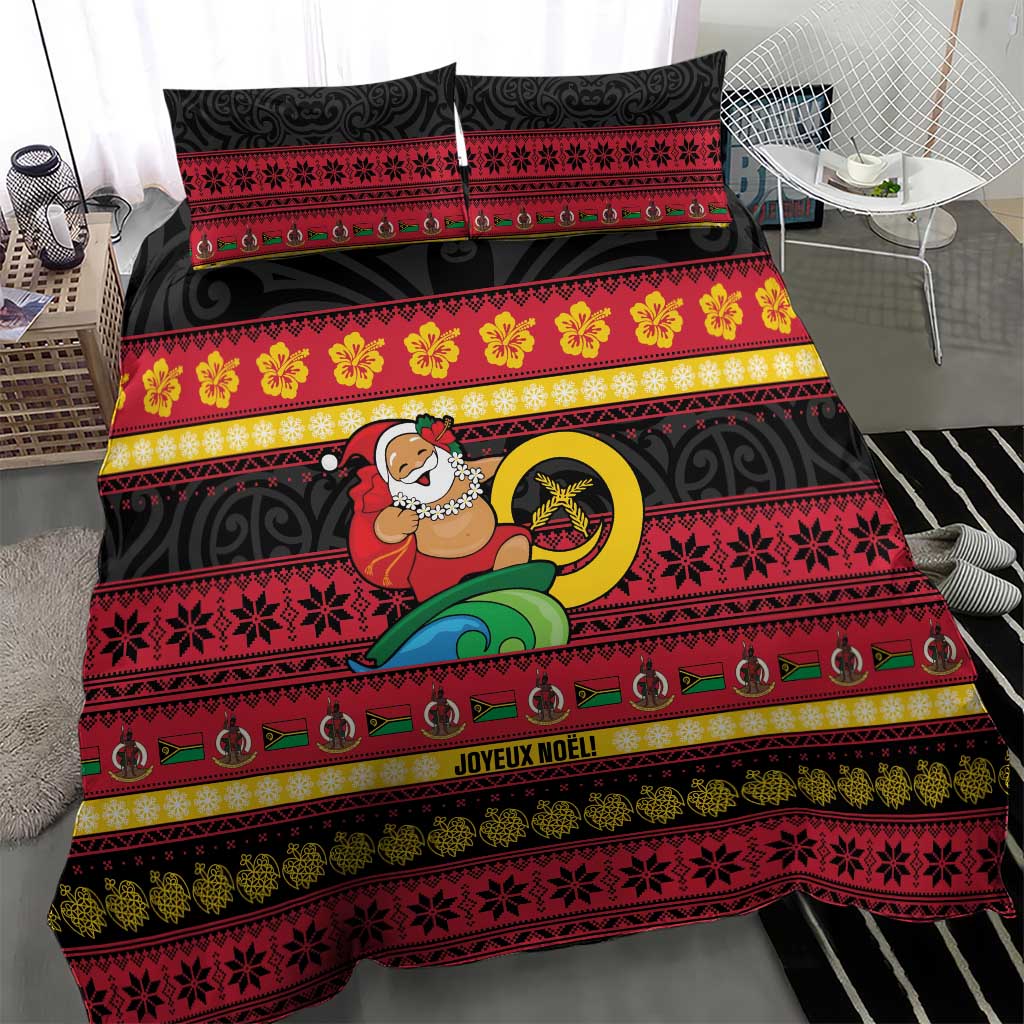 Vanuatu Christmas Bedding Set Joyeux Noel Surfing Santa With Boar Tusk - Polynesian Pride