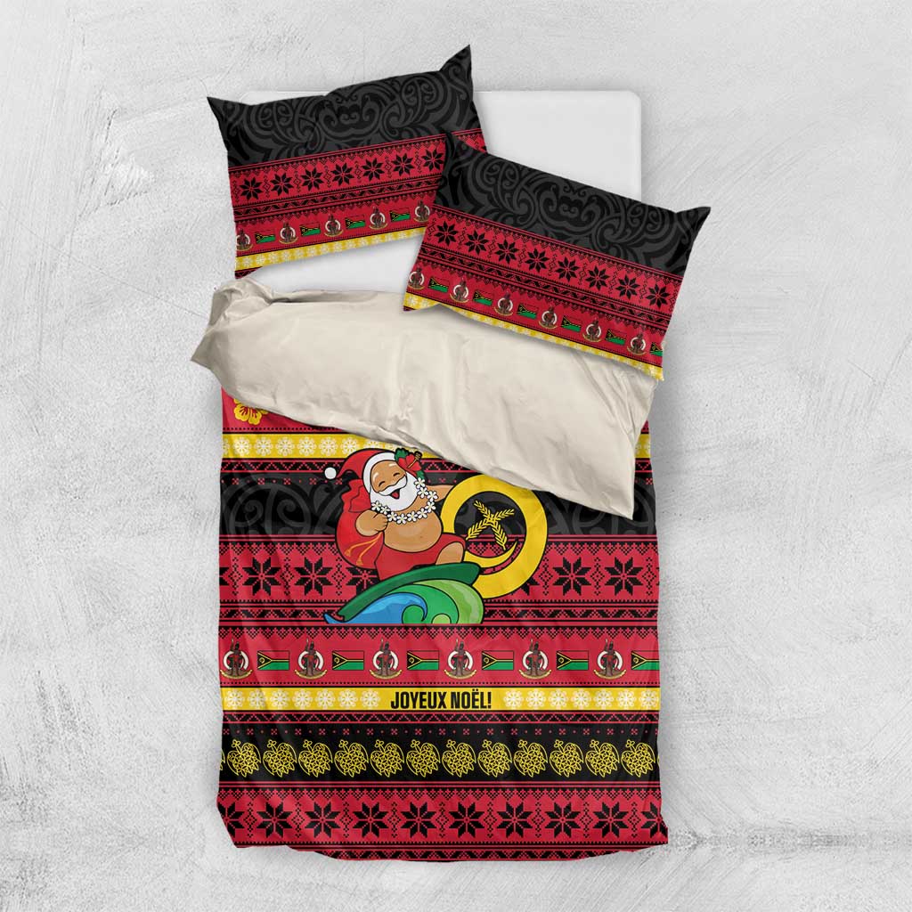 Vanuatu Christmas Bedding Set Joyeux Noel Surfing Santa With Boar Tusk - Polynesian Pride