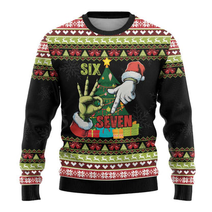 Six Seven Christmas Ugly Christmas Sweater Funny Santa and Green Hands - Wonder Print Shop