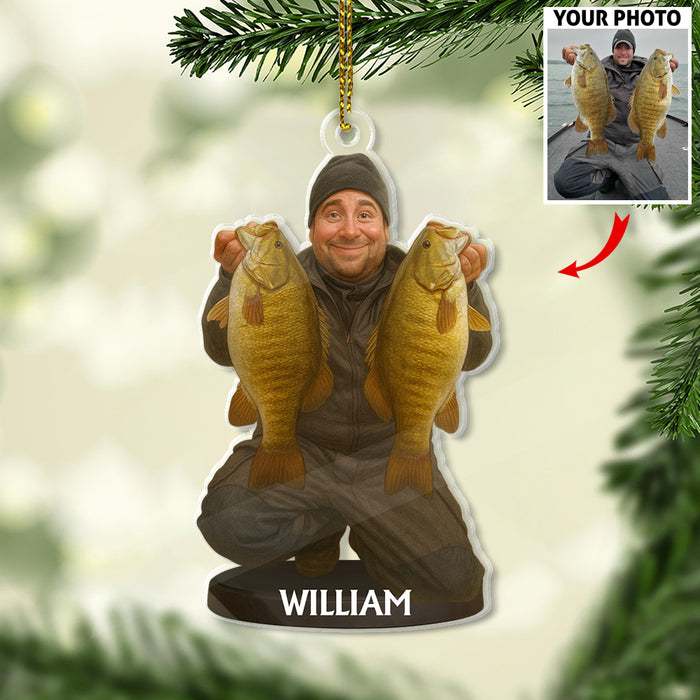 Custom Caricature-Style Portrait Ornament from Your Photo – Personalized Acrylic Christmas Ornament, Unique Gift for Fishing Lovers and Fishermen