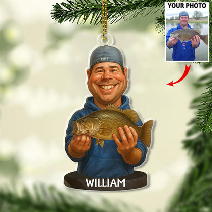 Custom Caricature-Style Portrait Ornament from Your Photo – Personalized Acrylic Christmas Ornament, Unique Gift for Fishing Lovers and Fishermen