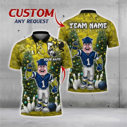 Blue Gridiron Mascot Christmas Bowling Polo — Festive Trees — Personalized Team