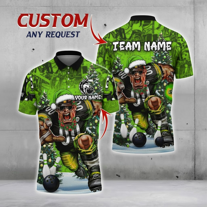 Teal Rage Linebacker Santa Bowling Polo — Holiday Strike — Custom Name & Team