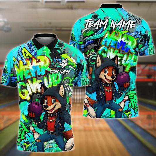 Bowling And Pins Hip Hop Fox Never Give Up Customized Name, Team Name 3D Shirt