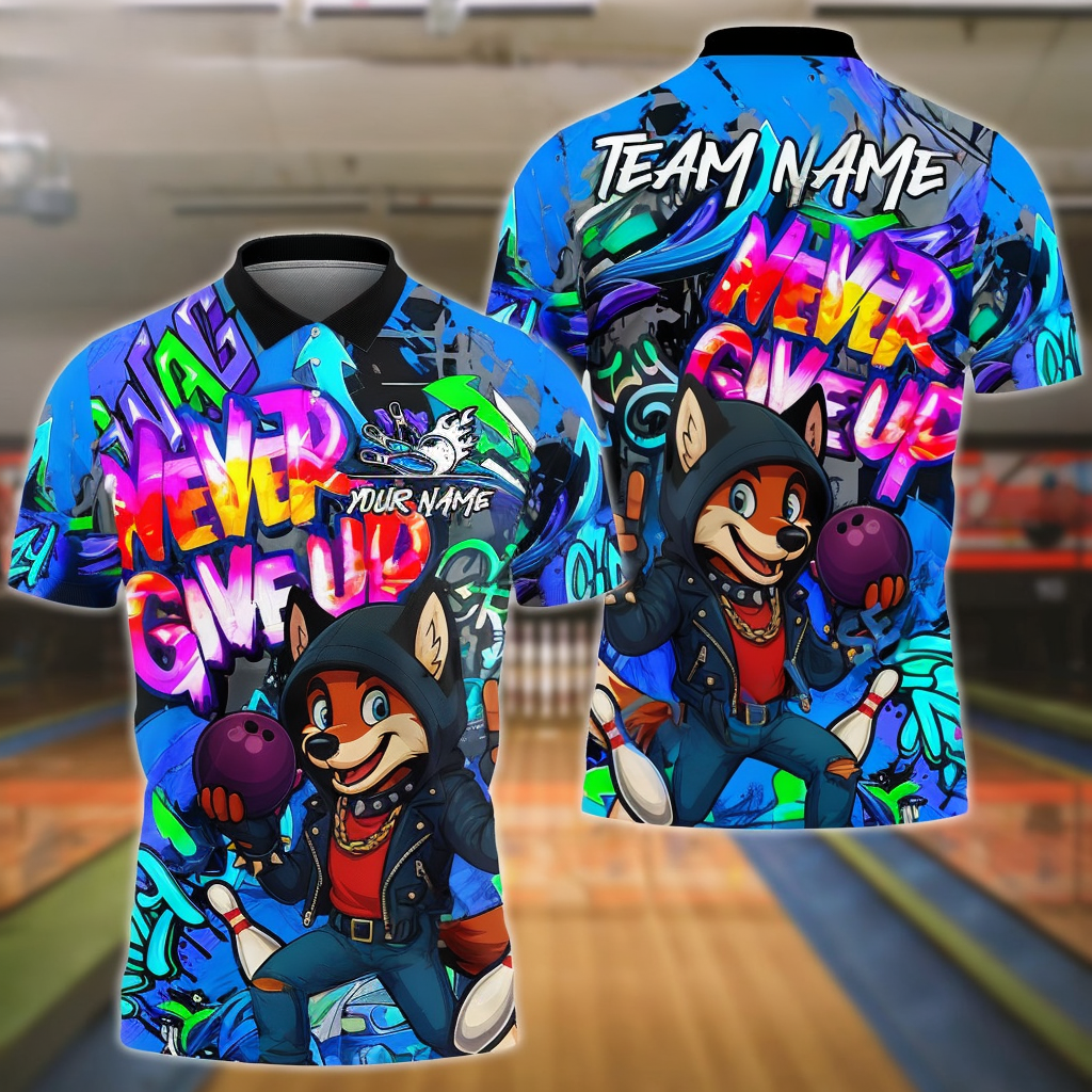 Bowling And Pins Hip Hop Fox Never Give Up Customized Name, Team Name 3D Shirt