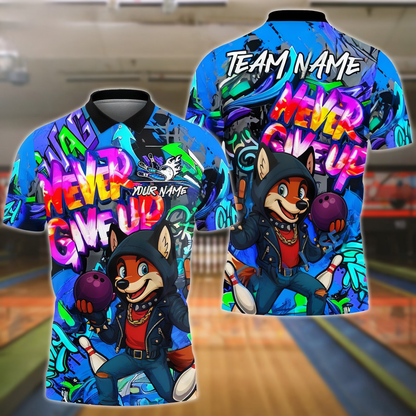 Bowling And Pins Hip Hop Fox Never Give Up Customized Name, Team Name 3D Shirt