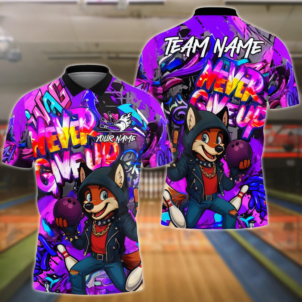 Bowling And Pins Hip Hop Fox Never Give Up Customized Name, Team Name 3D Shirt