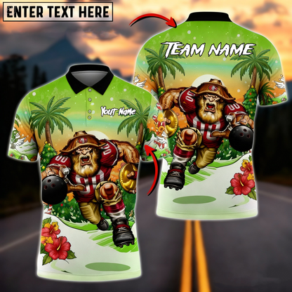 Tropical Santa Gridiron Mascot Bowling Polo — Red/Gold — Custom Name & Team