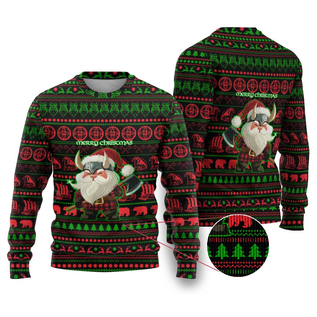 Viking Christmas Ugly Christmas Sweater with Santa Warrior Axe Nordic Symbols Red Green Black Knit Pattern Design - Wonder Print Shop
