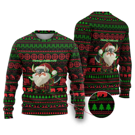 Viking Christmas Ugly Christmas Sweater with Santa Warrior Axe Nordic Symbols Red Green Black Knit Pattern Design - Wonder Print Shop
