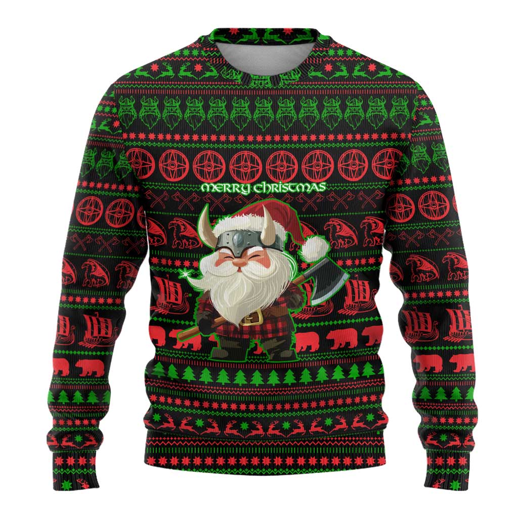 Viking Christmas Ugly Christmas Sweater with Santa Warrior Axe Nordic Symbols Red Green Black Knit Pattern Design - Wonder Print Shop