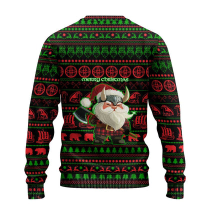 Viking Christmas Ugly Christmas Sweater with Santa Warrior Axe Nordic Symbols Red Green Black Knit Pattern Design - Wonder Print Shop